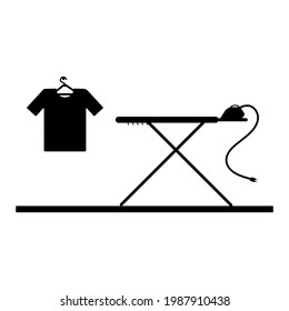 Vector silhouette icon black iron and ironing board on white background. Home Appliances. And T-shirt hang on hanger.