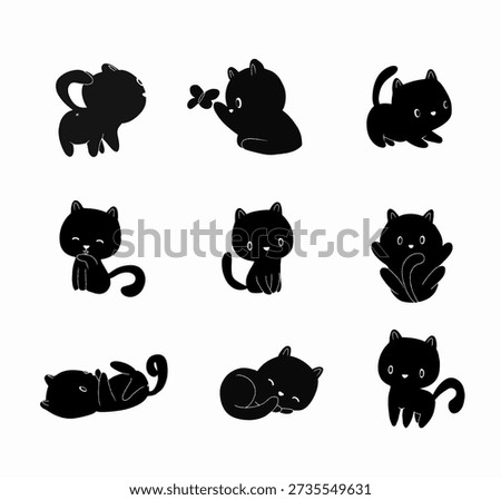 Vector silhouette icon of a cat with various movements, with black and white base colors