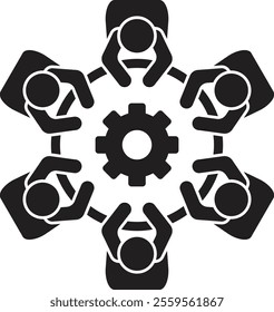 Vector silhouette icon of cooperation with, community, work meeting, conference. The process of becoming more advanced and finding new innovations. Vector illustration