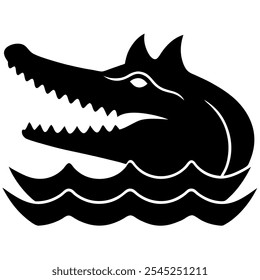 Ícone de silhueta vetorial de uma cabeça de crocodilo que se movimenta acima da água sem fundo.