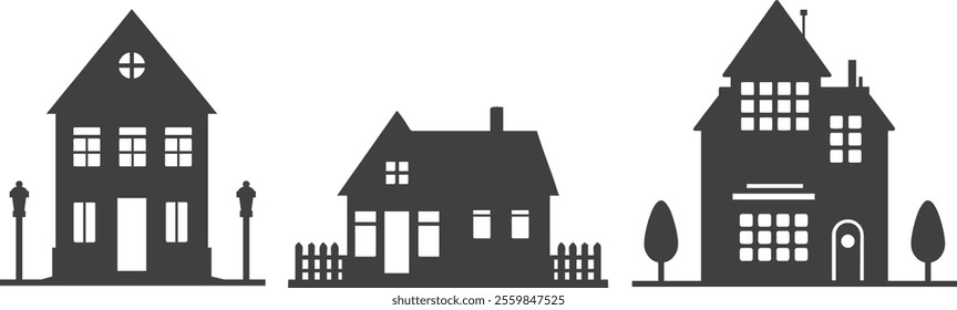 vector silhouette or icon of a house or building with tree ornaments, fences, and streetlights