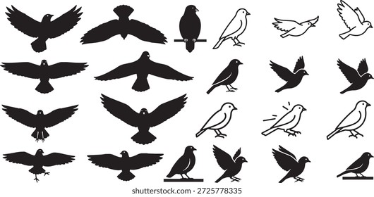 Vektorsilhouette Symbol Satz von Vogelflügel Bewegung Aktionen zeigt Flügel nach unten Flügel nach oben gleitende Landung und Sitzstangenflug Bewegung Illustration	
