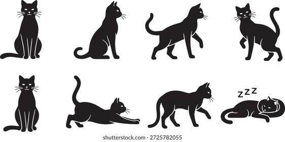 Conjunto de iconos de silueta de Vector de gato Poses de acción que muestran sentarse de pie Caminar estiramiento y dormir Movimiento felino Ilustración de animales de compañía Diseño de movimiento doméstico