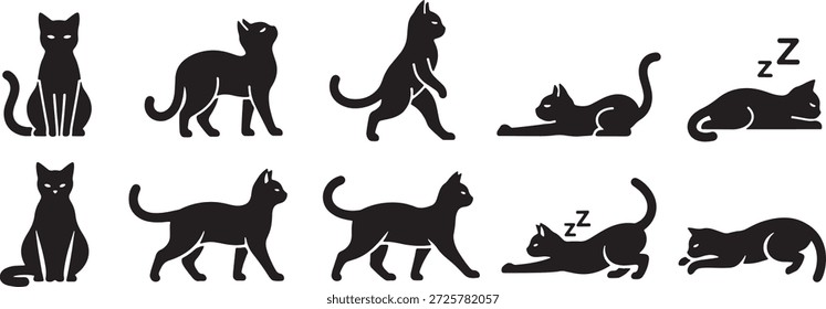 Vector Silhouette Icon Set of Cat Action Poses Showing Sitting Standing Walking Stretching and Sleeping Feline Motion Pet Animal Illustration Domestic Companion Movement Design