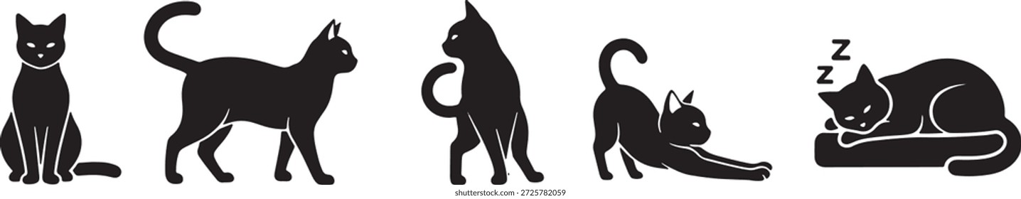 Conjunto de iconos de silueta de Vector de gato Poses de acción que muestran sentarse de pie Caminar estiramiento y dormir Movimiento felino Ilustración de animales de compañía Diseño de movimiento doméstico