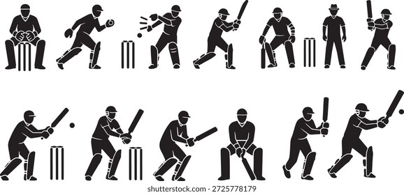 Silhueta de vetor ícone conjunto de ação do jogador de críquete poses mostrando rebatendo boliche fielding captura e wicket mantendo o movimento de esporte ilustração	
