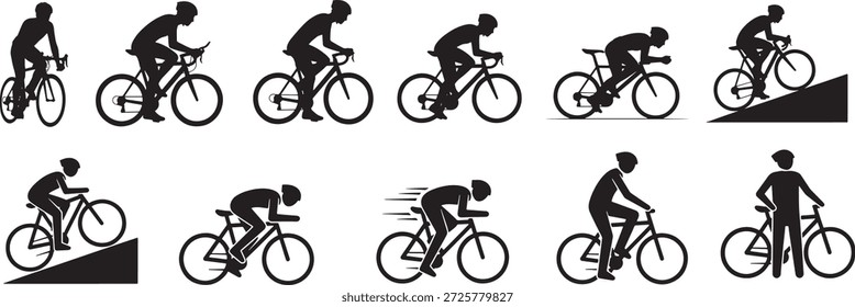 Icono de silueta de Vector Conjunto de poses de acción ciclista que muestran la conducción cuesta arriba corriendo de pie sobre pedales frenando y descansando Ilustración de movimiento de ciclismo	
