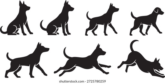 Vector Conjunto de posturas de acción de perro que incluyen sentarse, caminar, correr y jugar con el movimiento canino Ilustración de animales domésticos