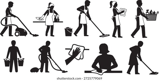 silhueta de vetor ícone conjunto de ação de limpeza doméstica poses mostrando limpeza limpeza aspirando superfícies e carregando materiais de limpeza ilustração de tarefas domésticas	