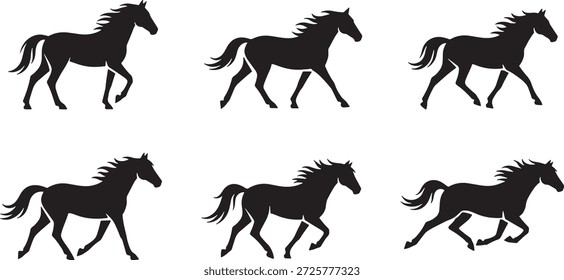 Vector silhouette icon set of horse movement poses showing standing walking trotting and galloping equine motion wildlife illustration	