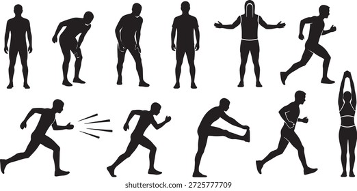 Vetor silhueta ícone conjunto de corredor atleta ação poses mostrando de pé aquecer corrida velocidade e alongamento fitness esporte movimento ilustração	