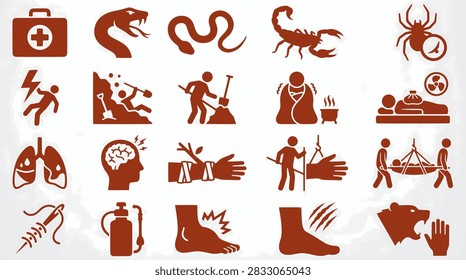 Vector silhouette icon set of wilderness medicine, outdoor first aid, survival, animal bites, and environmental emergencies
