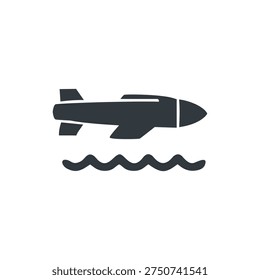 Vector silhouette icon of torpedo missile used in naval warfare. Suitable for military, defense and maritime security design concepts.