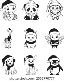 Vector silhouette icon of various Animals wearing Christmas hat on Christmas Day