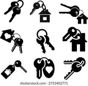 Vector Silhouette Icons of House Keys and Keychains Set on White Background