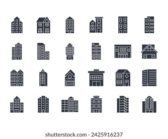 Vector silhouette icons of house. Set signs editable stroke. Multistorey buildings with doors, windows, garage. Office space and apartments for rent. Stock illustration on a white background.