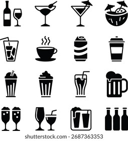 Ícones de silhueta vetorial de bebidas mistas
