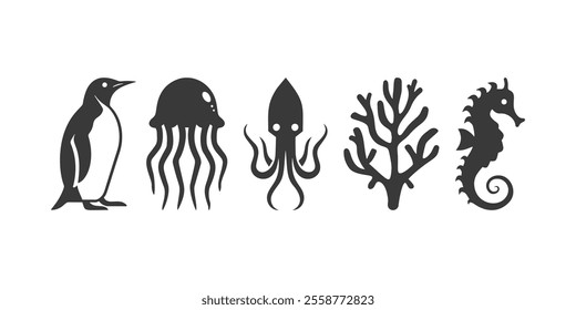 Vector Silhouette Icons of Penguin, Jellyfish, Squid, Coral, and Seahorse