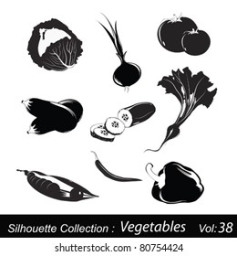 Vector silhouette icons of vegetables. Black and white icons.