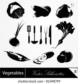 Vector silhouette icons of vegetables. Black and white icons.