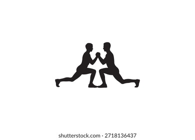 Uma silhueta vetorial ilustrando dois indivíduos envolvidos em uma luta. As figuras são representadas em uma posição dinâmica e agachada, viradas uma para a outra e travadas em uma garra.
