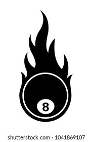 Vector silhouette illustration of billiards pool snooker 8 ball with simple flames. Ideal for stickers, decals, sport logo design element and any kind of decoration.