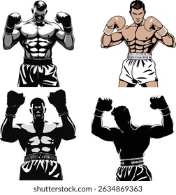 Vector Silhouette Illustration of Boxing Champion in Victory Pose 