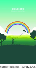 Vector silhouette illustration of boy with kite. Vector landscape illustration for poster, picture, design, background, wallpaper
