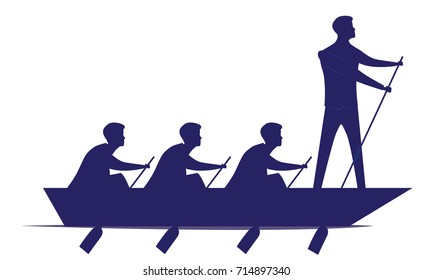 Vector silhouette illustration. Business teamwork leadership concept. Businessmen working in team, Group of people row boat together. Leader work with motivating his team to move forward for success