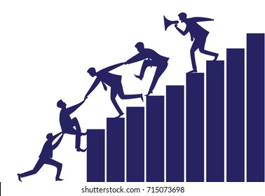Vector silhouette illustration. Business teamwork leadership concept. Businessmen working together, helping each other to climb ladder of success. Leader motivating  team to work hard for top position