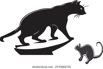 Vector Silhouette Illustration : Cat Hunting a Mouse or rat