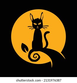Vector silhouette illustration of a cat on a tree trunk