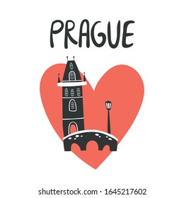 Imagen de la silueta vectorial del Puente Carlos con texto Praga y corazón de amor rojo. Logo para promociones turísticas, pancartas, carteles y pantalones en forma de doodle