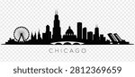 Vector silhouette illustration of the Chicago city skyline, showcasing iconic landmarks like the Willis Tower, Navy Pier Ferris Wheel, a domed building, and a drawbridge.