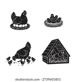 vector silhouette illustration of chickens and chicks with their nests and coops and looking for food