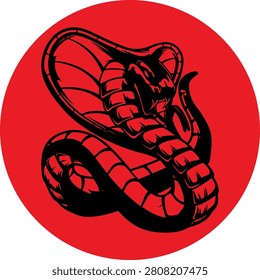 Vector silhouette illustration of a cobra raising its head within a red circle design.