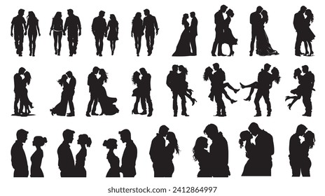 Vector Silhouette Illustration of a Couple in Love.Romantic Valentine's Day Vector Illustration of a Couple Embracing Love