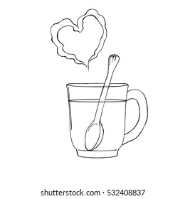 vector silhouette illustration cup of hot drink with spoon and heart steam