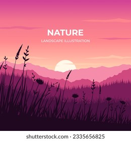 Ilustración de silueta vectorial del césped del alba sobre el fondo de las montañas. Ilustración de paisaje vectorial para afiches, imágenes, diseño, fondo, papel tapiz