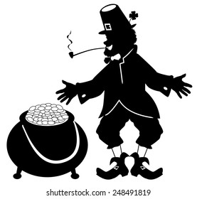 Vector silhouette illustration depicting an Irish leprechaun and his pot of gold coins