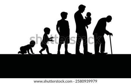 A vector silhouette illustration depicting the life cycle of a human, from infancy to old age. It represents growth, aging, and the passage of time, ideal for educational, conceptual, and symbolic des