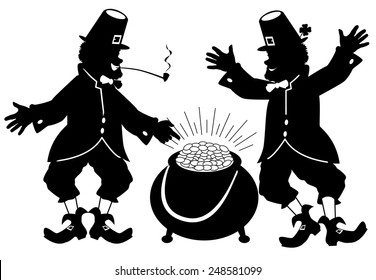 Vector silhouette illustration depicting an two Irish leprechauns and his pot of gold coins