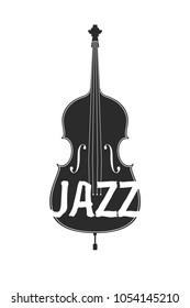 Vector silhouette illustration of double bass on white background. Monochrome logo for the music theme. Element for design, logotype, poster, card, postcard. Jazz. Black, white colors.