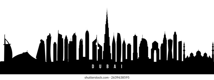 Vector silhouette illustration of Dubai City urban skyline. Modern minimalist cityscape graphic, perfect for travel, banners or backgrounds.