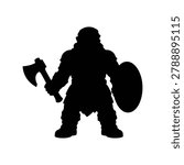 Vector silhouette illustration of a dwarf warrior representing a fantasy battle hero character for RPG and adventure games, isolated on a white background. Suitable for fantasy game design resources, dwarf character guides, battle hero graphics, and RPG illustration materials.
