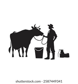 vector silhouette illustration of farmer and cow with milk bucket