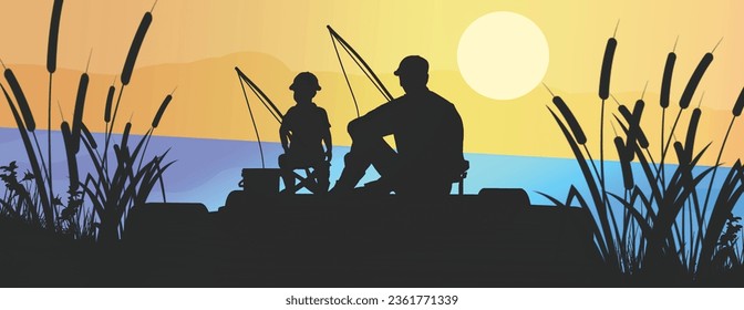 Vector silhouette illustration of a father and son fishing. Father and son fishing together vector illustration scene. Happy family. Cute cartoon characters