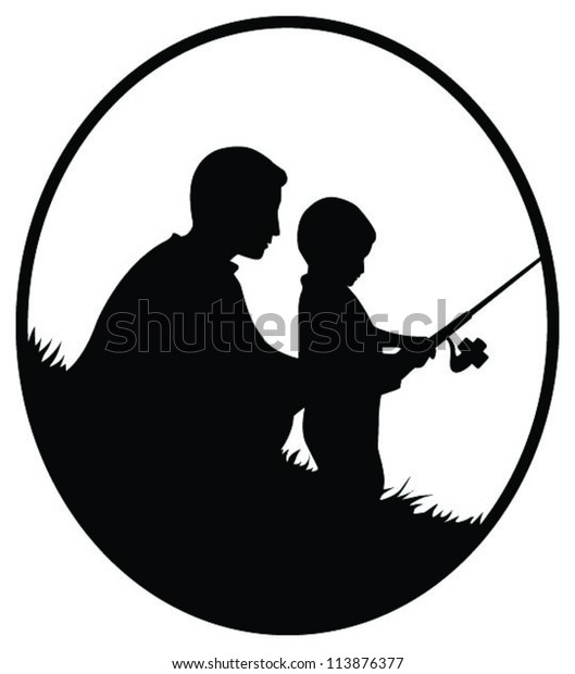 Vector Silhouette Illustration Father Son Fishing Stock ...