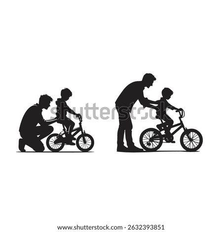 vector silhouette illustration of a father teaches his son to ride a bicycle