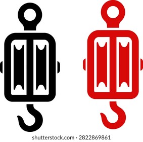 Vector silhouette illustration featuring double pulley block hoist crane hooks with top hanging ring and bottom lifting hook, shown in black and red color variations, isolated on a white background.
